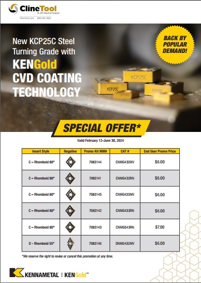 Kennametal New Insert KCP25C Promo – expires 6/30/24