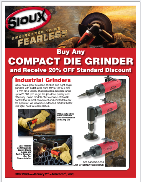 Sioux Q1 2026 Promo Flyer:  Compact Die Grinders (expires 3/27/26)